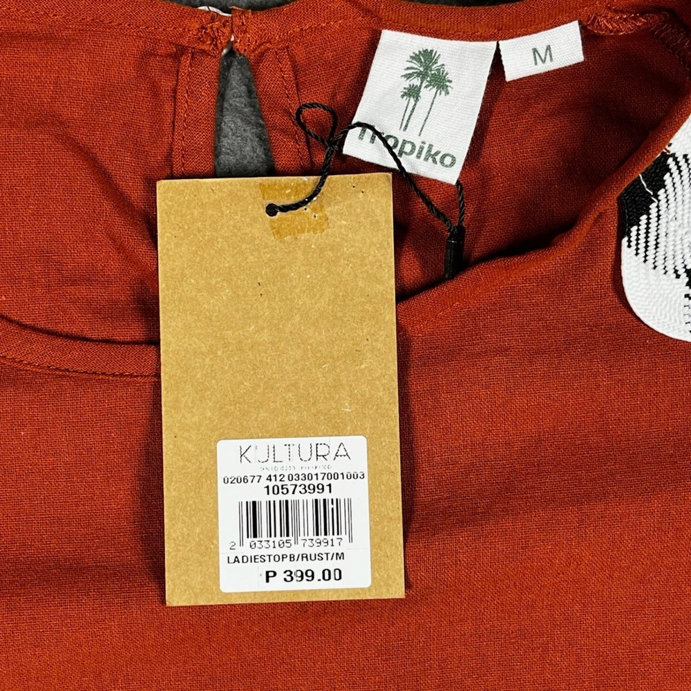 Tropiko Women Top Rust Orange Linen Blend M Boho Ric Rac Trim Short‎ Sleeve - Picture 5 of 7